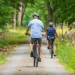 Biking through a field