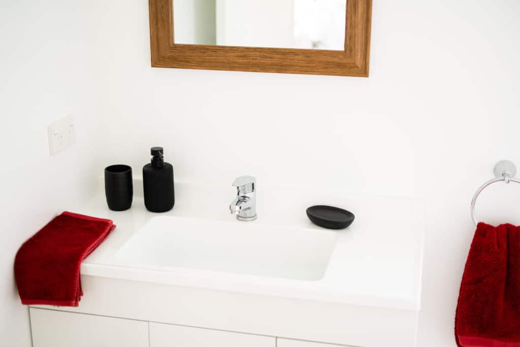 the vanity of the creek studio at the barn cabins and camp
